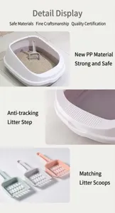 Detail view of high-sided cat litter box with anti-tracking pedal and matching scoops