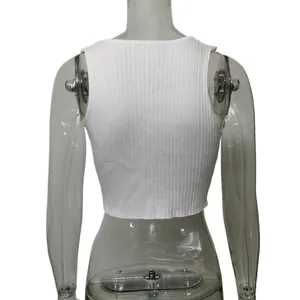Detailed back view of white ribbed knit crop top showing fabric texture on clear mannequin