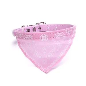 Close-up of pink pet PU collar with paisley bandana for cats and small dogs