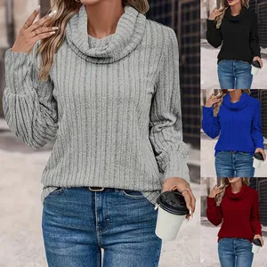 Women's Casual Cowl Neck Long Sleeve Knit Sweater Solid Color Ribbed Pullover Top For Autumn Winter