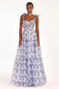Elegant floral print organza maxi dress with bow shoulder straps for evening wear.
