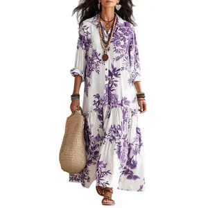 Robe longue bohème à manches longues avec imprimé floral violet et col à revers
