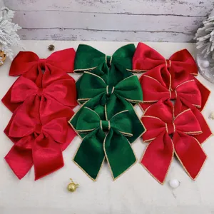 Red and green Christmas velvet bows with gold glitter edges for festive tree decoration.