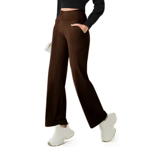Dark brown high-waisted yoga pants with pockets for women, stretchy athletic wear.