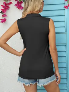 Back view of black sleeveless knitted ribbed vest with turn-down collar detail design
