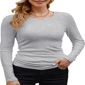 Detailed view of women's gray ribbed crew neck long sleeve slim fit T-shirt.
