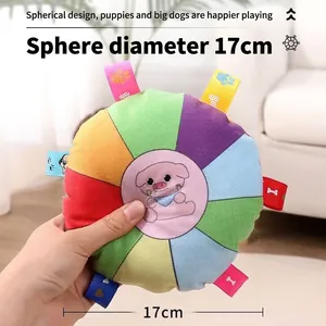 Interactive plush squeaky frisbee dog toy with colorful fabric tags, 17cm diameter