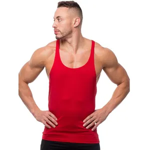 Full front view of men's red stringer tank top showing slim fit and gym-ready design
