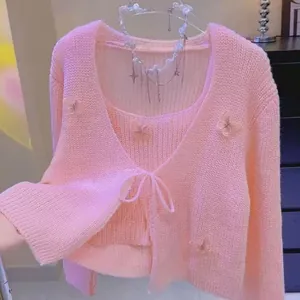 French style pink knitted cardigan and camisole set with 3D butterfly details for women