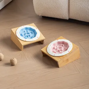 Set di ciotole in ceramica anti-ingozzamento con supporto in bambù inclinato per gatti
