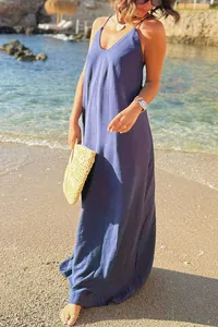 Elegant navy blue backless maxi dress with spaghetti straps for summer beach vacation