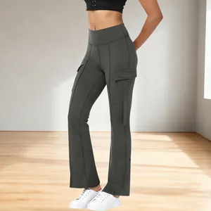 Stylish high waist dark grey cargo flare yoga pants with side pockets for active women