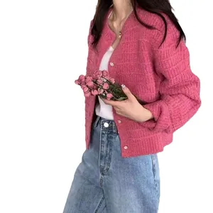 Elegante roze gebreide cardigan in Franse retrostijl met textuur voor damesmode