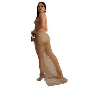Body sexy à strass dorés avec robe en maille transparente à fente haute pour femme