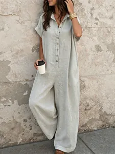 Casual summer button-front loose jumpsuit in light sage green linen-look fabric