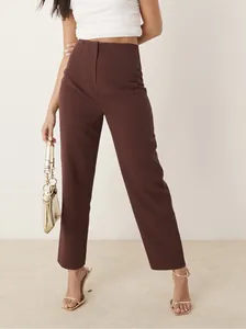Full view of elegant brown high-waisted straight-leg trousers for professional office wear
