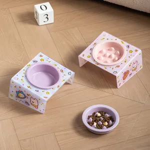 Ceramic Pet Bowl with Tilted Acrylic Stand Anti-Tip Slow Feeder Water Bowl for Cats Small Dogs Neck Protection Pet Food Dish