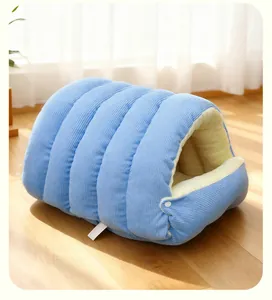 Cozy semi-enclosed blue corduroy cat cave bed with soft plush lining for deep sleep