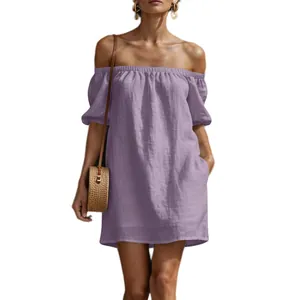 Full length lavender linen off-the-shoulder dress for summer beach vacation look