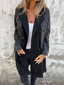 Casual dames denim patchwork blazerjas met revers, halflang in zwart en grijs kleur
