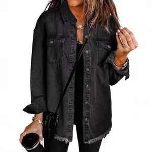 Women's black washed denim shirt jacket with frayed hem for a casual street style look.