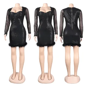 Three-angle view of sexy black sequined mini dress with feather hem and back zip.