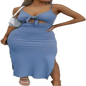 Detailed view of women's blue sleeveless knit dress with tie-front and side slit design