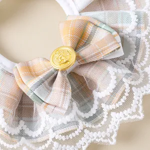Cute princess style pet collar bib featuring plaid bow and white lace trim for cats and dogs