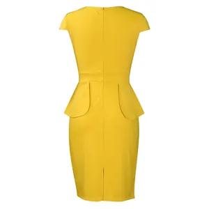 Rückansicht gelbes Schößchen-Bleistiftkleid mit verdecktem Reißverschluss und Schlitz