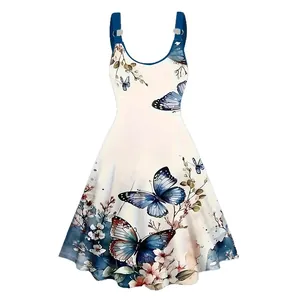 Elegante vestido de verano con tirantes y estampado vibrante de mariposas 3D y flores