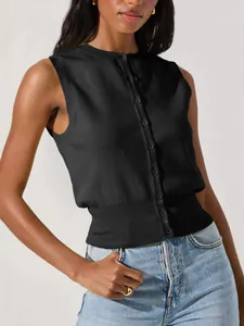 Sleek black sleeveless knit vest featuring a front button closure and ribbed hemline.