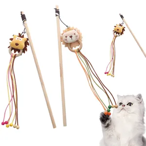 Wooden Pet Cat Teaser Wand Toy With Plush Animal Head Bell And Tassels Interactive Self-entertainment Boredom Relief Wand For Cats Indoor Play