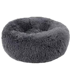 Confortevole letto rotondo in morbido peluche lungo per cani e gatti grigio scuro