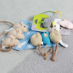Set of three colorful plush mouse cat toys with durable rope tails for interactive play