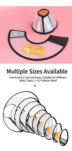 Various sizes of translucent pet Elizabeth collars shown in a stack on pink background