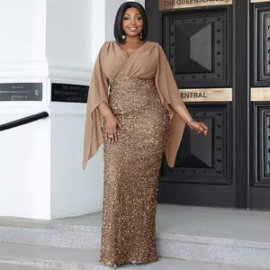 Elegante avondjurk met bronzen lovertjes, camel chiffon cape mouwen en een diepe V-hals