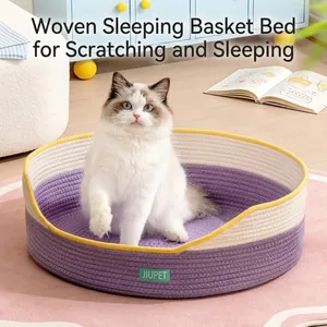 Duurzame gevlochten katoenen touw kattenmand en krabpaal combinatie in paars