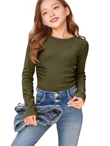 Girls Long Sleeve Ribbed T-Shirt Crew Neck Slim Fit Casual Basic Knitted Polyester Top For Kids Teens Solid Color Apparel