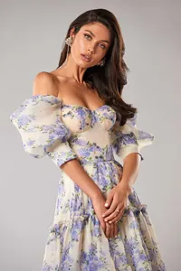 Elegant off-the-shoulder organza evening dress with purple floral print for formal events
