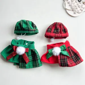 British style Christmas pet plaid hat and collar set with bow and pom-poms detail