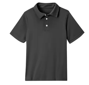Close-up of children's charcoal grey short-sleeved polo shirt with white buttons