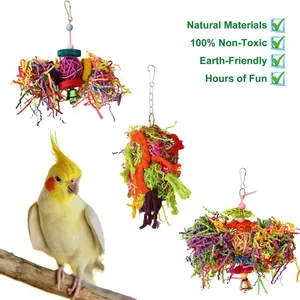 Set of 3 colorful parrot chewing toys with shredder paper and vine balls for foraging fun