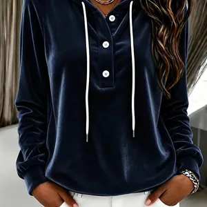 Navy blue velvet drawstring hoodie featuring white button placket and a loose fit.