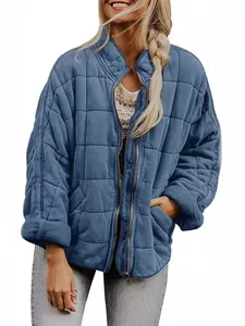 Giacca trapuntata blu ampia casual da donna con collo alto e tasche funzionali zip