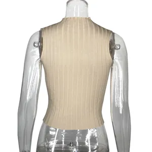 Back view detail of a beige ribbed knit sleeveless slim fit tank top for women