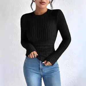 Slim fit women's black long sleeve ribbed crew neck t-shirt for autumn wear