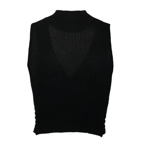 Back view of a black ribbed knit halter neck tank top for women's summer fashion