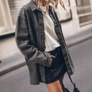 Oversized retro washed denim shirt with large pockets in vintage gray street style