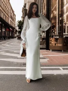 Elegant long puff sleeve square neck slim fit floor-length white wedding dress for women