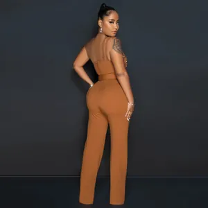 Back view of a chic brown one-shoulder slim fit wide-leg jumpsuit for women